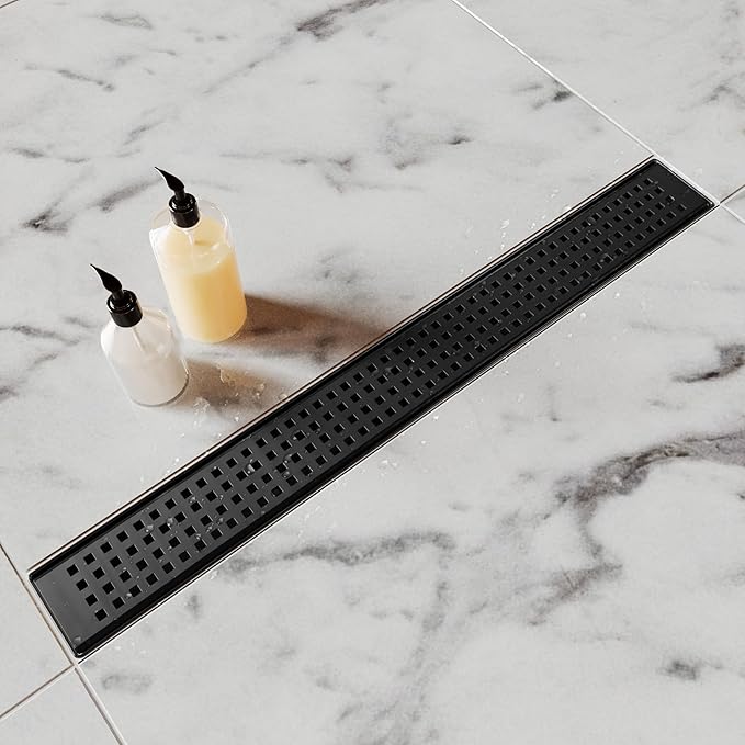 Shower Drain, 28 Inch Black Linear Shower Drain with Removable Square Hole Cover Grate, Modern 304 Stainless Steel Matte Black Shower Floor Drain with Adjustable Feet,Hair Filter