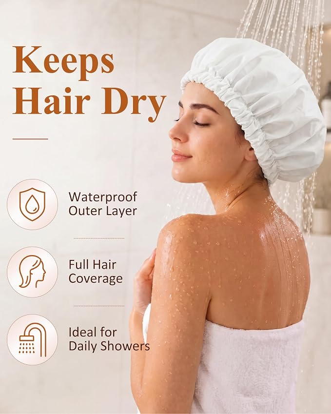 Edoneery Shower Caps for Women Reusable Waterproof, Shower Hair Cap | Washable Bonnet, Wide Elastic Band, Large Fit, Holds Long Hair, Braids Friendly, Bath Accessories, Spa, Travel
