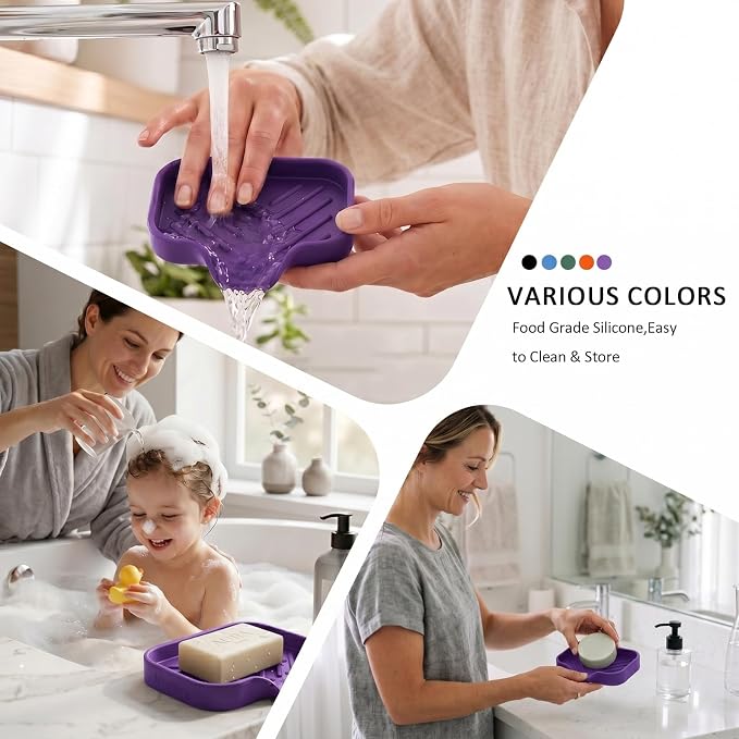 MicoYang Silicone Soap Dish with Drain Spout, Self-Draining Sink Organizer Tray for Bathroom and Kitchen, Sponges, Dispensers and Soap Holder, Non-Slip and Dishwasher Safe, Purple (Compact, 4.9"×3.2")
