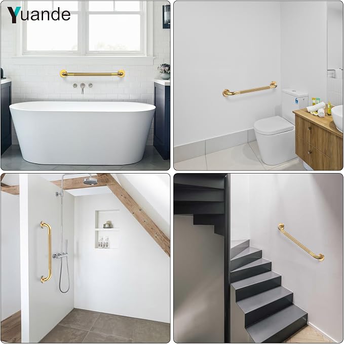 24 Inch Anti Slip Shower Grab Bar, YuanDe Brushed Gold Stainless Steel Bath Grab Bar, Knurled Bathroom Safety Rail, Shower Handrail Support, Handicap Elderly Balance Assist Handles-1.25" Diameter