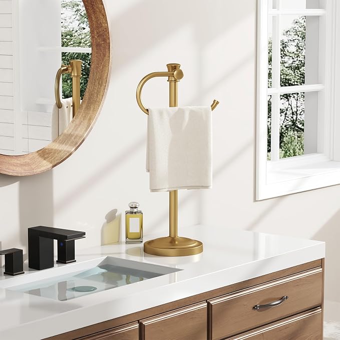 BESy 17 Inch Brushed Gold Stand Towel Bar Hanger Hand Towel Bar Bathroom Vanity Countertop Towel Holder Free Standing Stainless Steel Towel Ring Hardware Accessories Towel Rack