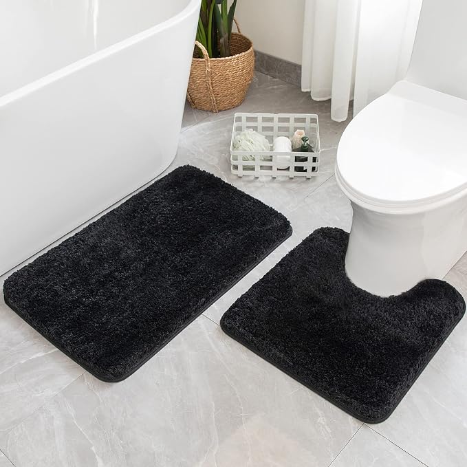 MIULEE Black Bathroom Rugs Set 2 Piece Soft Bath Mats 20x20+20x32 Inch | Absorbent Microfiber Bath Mat and U-Shaped Toilet Rug, Non Slip, Quick Dry, for Bathroom Floor Tub Showers, Machine Washable