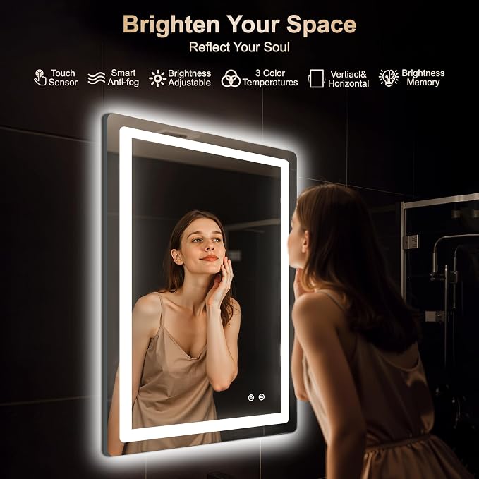Delma 32x24 LED Bathroom Vanity Mirror with Lights, Anti-Fog, Dimmable | Front & Backlit with 3 Color Modes and Memory, 5mm Shatterproof Glass, Plug-in or Hardwired, Horizontal or Vertical
