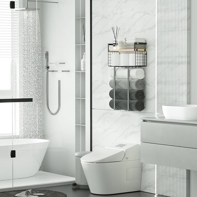 Xstydes Towel Racks for Bathroom, Metal Towel Holder with Storage Basket,Wall Towel Rack for Rolled Towels, Towel Storage for Small Bathroom.