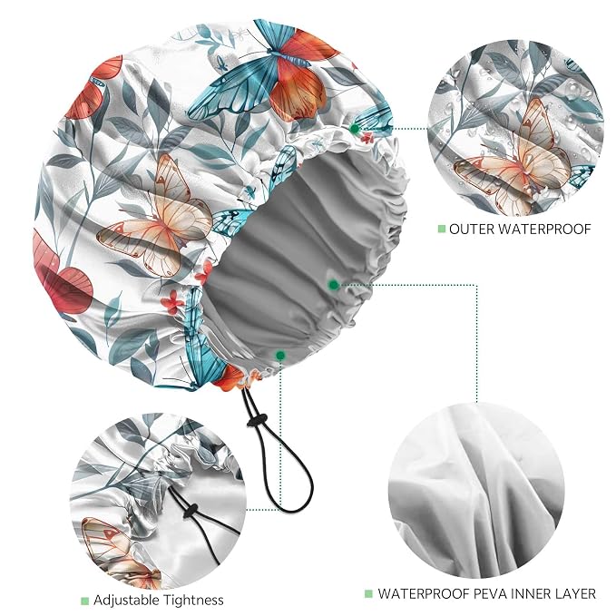 2 PCS Shower Cap Waterproof Double Layer Elastic Adjustable Reusable Hair Bath Caps for Girls Women Cute Aesthetic-Butterfly Flowers