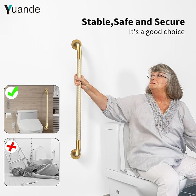 32 Inch Brushed Gold Grab Bars for Shower with Anti-Slip Knurled Grip,YuanDe Stainless Steel Bathroom Grab Bars, Shower Handrail Support, Handicap Elderly Balance Assist Handles