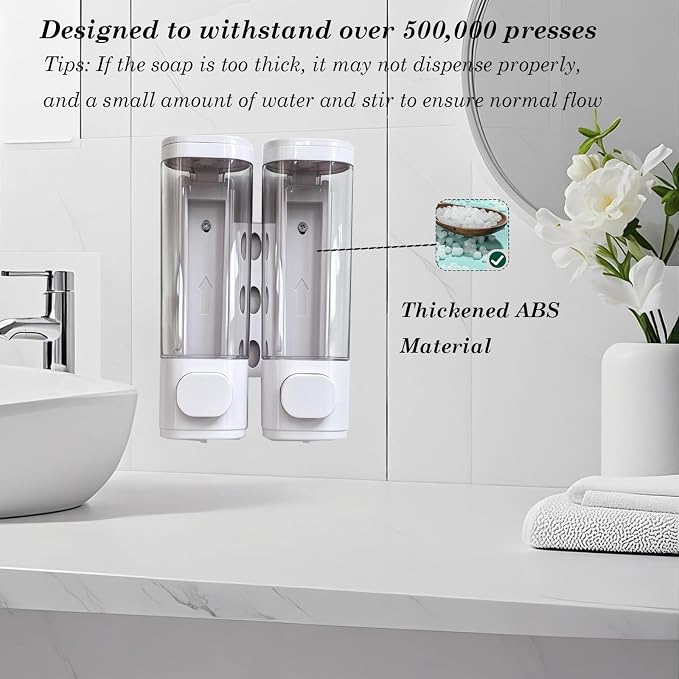 2-Chamber 10oz/300ML White Plastic Hand Wall Mounted Soap Dispensers | Refillable Shampoo Conditioner Shower Dispenser No Drill, Clear Manual Pump Dispenser for Bathroom Hotel Kitchen