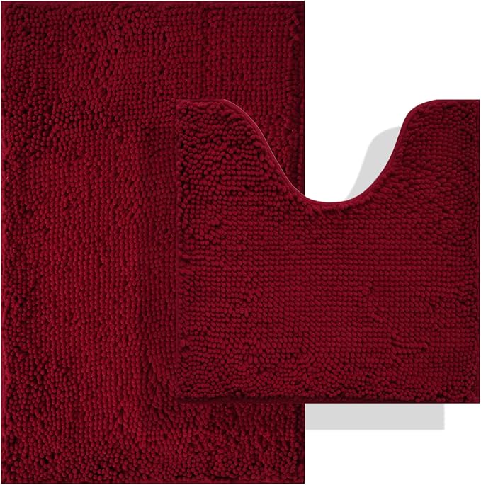 BOANKODU Bath Mat Set, 2 Piece - Soft Chenille, Non-Slip, 32x20 Inch + 20x20 Inch U Shape, Machine Washable (Burgundy)