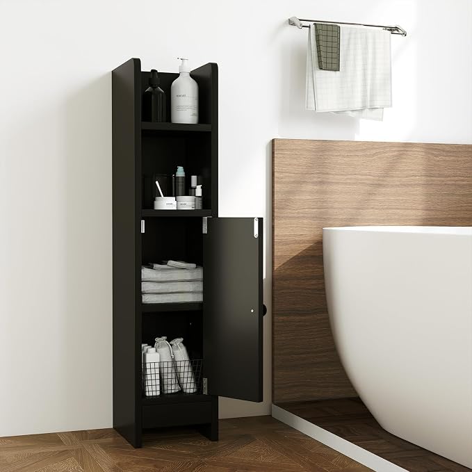 GIANTEX Bathroom Cabinet, Narrow Side Cabinet with Adjustable Shelf, Bathroom Cabinet, Space Saving, Storage Cabinet for Laundry Room, Living Room & Kitchen, 20 x 18 x 80 cm (Black)