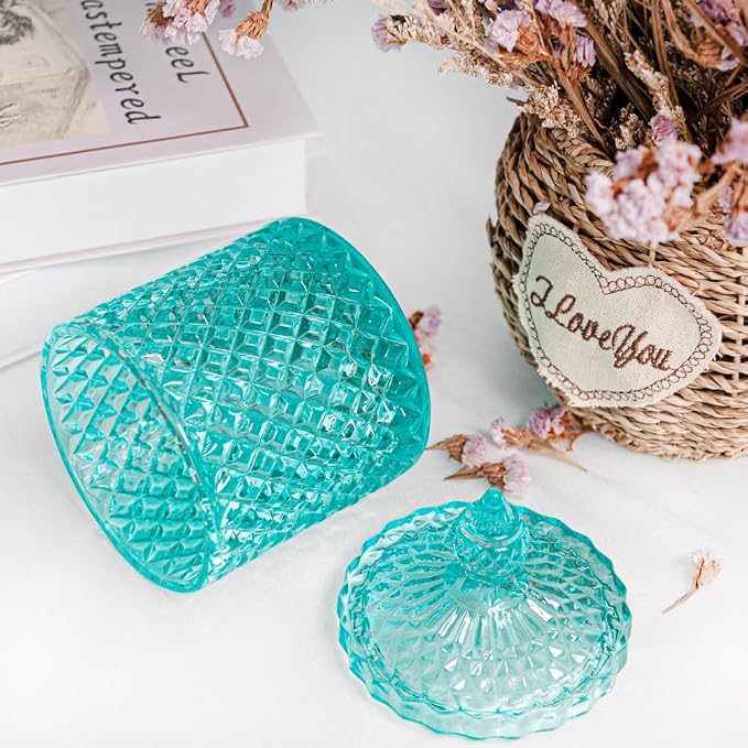 2 Pack Glass Qtip Holder, Apothecary Jars with Lids Bathroom Storage | Green (10+24oz), Storage for Cotton Swabs, Balls, Pads, Floss Pick, Makeup, Candy & Jewelry, Vanity Organizer for Bathroom
