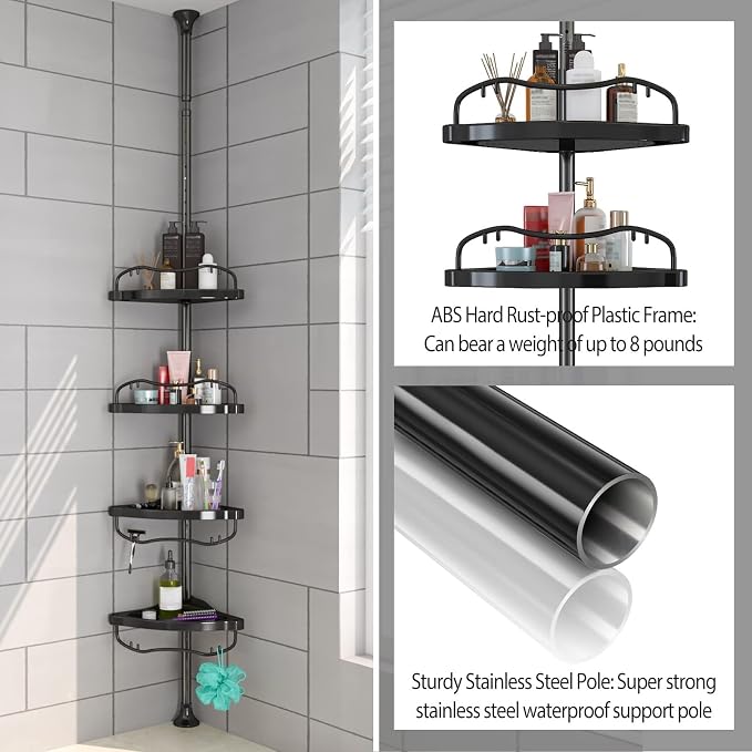Shower Caddy,Shower Caddy Tension Pole with 4 ABS Baskets,Shower Storage Shelf with 56 to 125 Inch Adjustable Stainless Pole for Bathroom Black