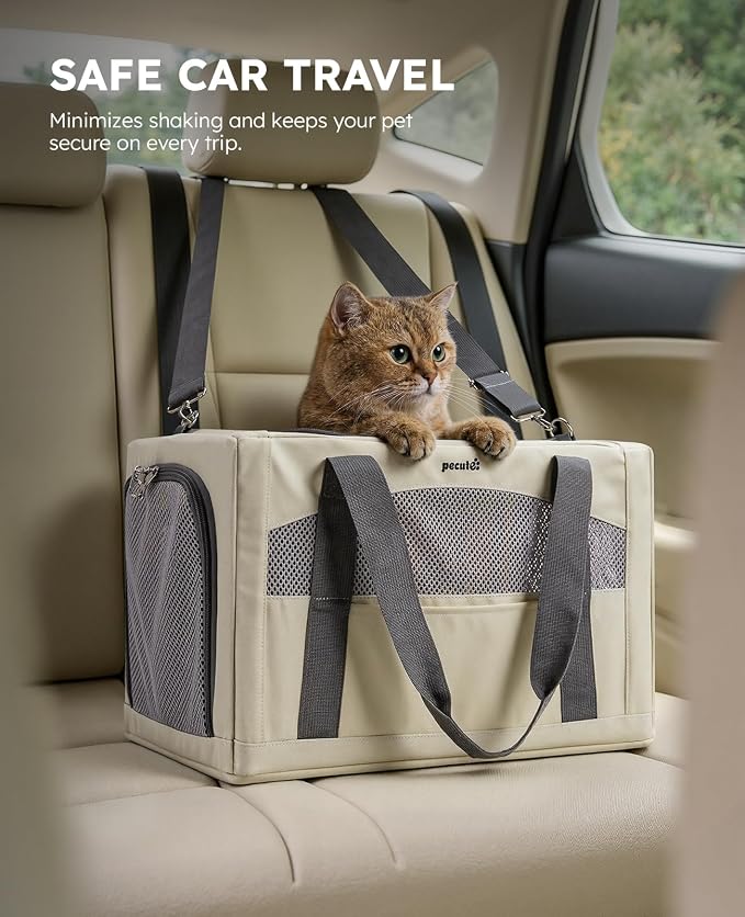 Pecute Cat Carrier Stable, Pet Carrier with Privacy Partition,Beige | Safe For Car Travel, Stable Steel Frame, Soft-Sided Pet Carrier Bag For Dogs And Cats Up To 11lbs, Foldable Design.