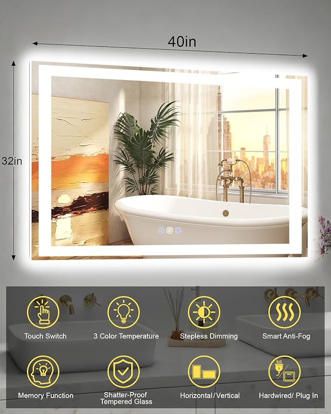 40x32 LED Bathroom Mirror, 6000LM, Separate Front and Back Lights | Shatter-Resistant Tempered Glass,Auto-Off Defogger,3 Color Modes,Smooth Dimming,Smart Memory Setting