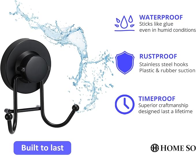 HOME SO Suction Cup Hooks for Shower & Bathroom Towel Holder 2-Pack – Suction Cups Hooks for Hanging Towels, Robes, & Coats - Tiles, Glass Door or Mirror – Shower and Towel Hooks - Black, Stainless