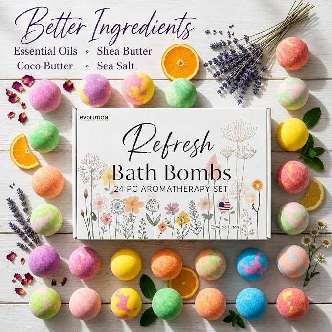 EvolutionUSA Refresh Bath Bombs for Women & Kids – 24 Bath Bombs Mini Sized, Organic Bathbomb Set, Women & Kids Bath Fizz, Luxury Gift for Mother’s Day, Easter, Valentines, Birthday or Self Care