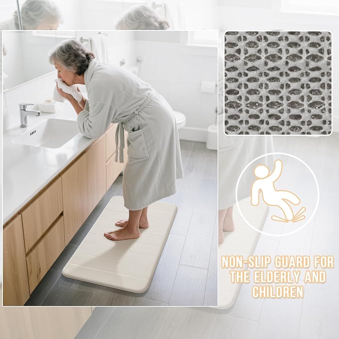 Yimobra 3 Pieces Memory Foam Bath Mat Set with U-Shaped Toilet Rug - Non Slip Super Soft Absorbent Quick Dry Bathroom Rugs for Bathtub, Vanity & Toilet Base, Cream White