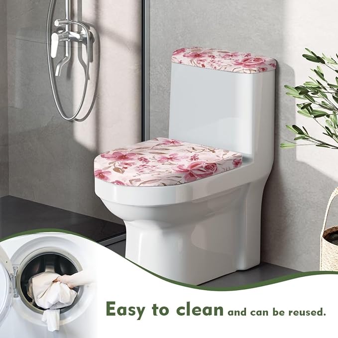 Pink Rose Toilet Tank Cover for Bathroom Romantic Toilet Lid Cover Set 2 Oval Bathroom Set for Valentine's Day
