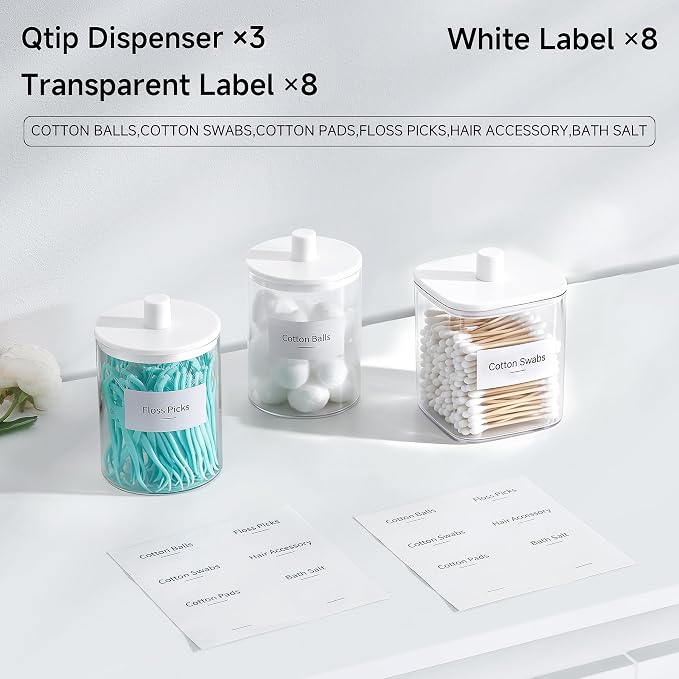 3 Pack Glass Qtip Holder Dispenser- 10 oz Clear Canister Apothecary Jar, Bathroom Vanity Storage Organizer Set for Cotton Swabs, Pads, Floss Picks, Small Containers for Makeup Storage (White)