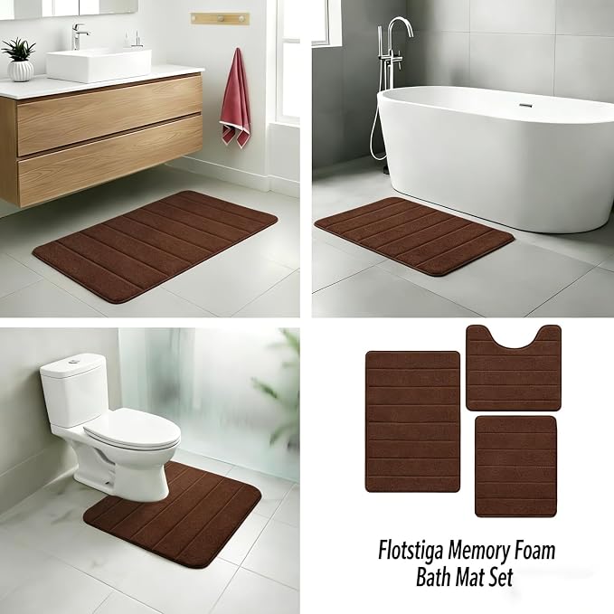 Memory Foam Bath Mat Set 3 Piece，Super Soft Absorbent Bathroom Rug Non Slip, Quick Dry,Machine Wash, Perfect Plush Bathroom Rugs,Home Decor Accessories,Coffee