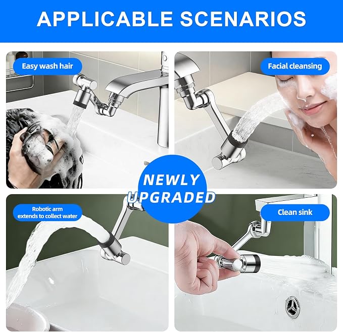 1080° Swivel Faucet Extender, Chrome Finish Sink Aerator with Universal Robotic Arm, Multi-Directional Spray Attachment for Kitchen and Bathroom