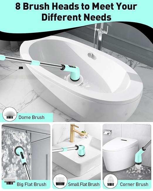Electric Spin Scrubber for Bathroom, Shower Scrubber with Long Handle | Shower Cleaner Brushes, IPX7 Waterproof & 2 Speed, 8 Brush Heads, 90min Runtime, Bathroom Cleaning Supplies for Toilet Tub