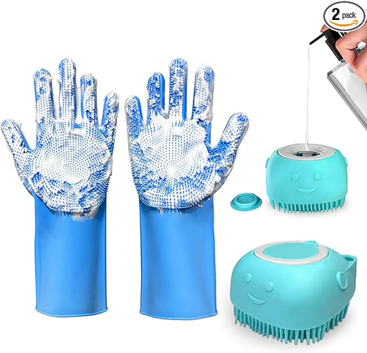 2PCS Dog Washing Gloves and Dog Shampoo Brush, Dog Bath Supplies Dog and Cat Bath Set