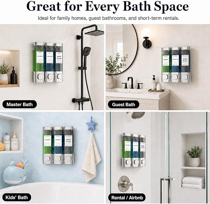 Shampoo and Conditioner Dispenser – Wall-Mounted Shower Soap Dispenser, No-Drill Installation, Lockable, 900 ml Capacity,for Bathroom & Hotel or Airbnb (Electroplated Silver, 3-Pack)