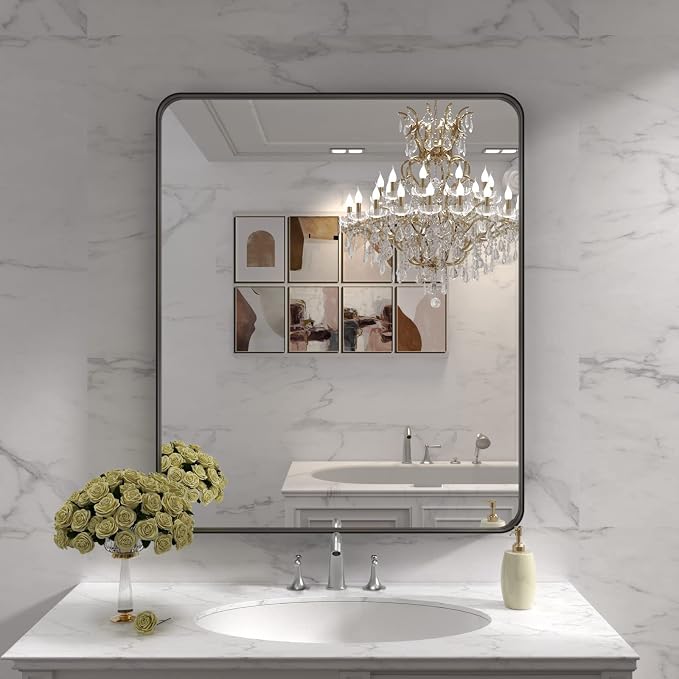 LOAAO 30X36 Inch Black Bathroom Mirror Metal Framed | Matte Black, Anti-Rust, Tempered Glass, Hangs Horizontally or Vertically