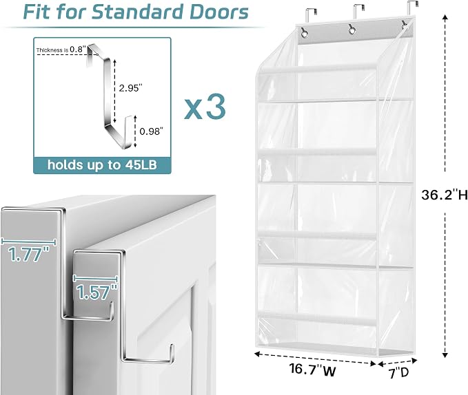 AOODA Clear Over the Door Hat Racks for Baseball Caps, Hold 48 Caps Hat Storage Organizer for Closet Wall, Deep Pockets Hanging Snapback Holder Shelves with 3 Hooks, White