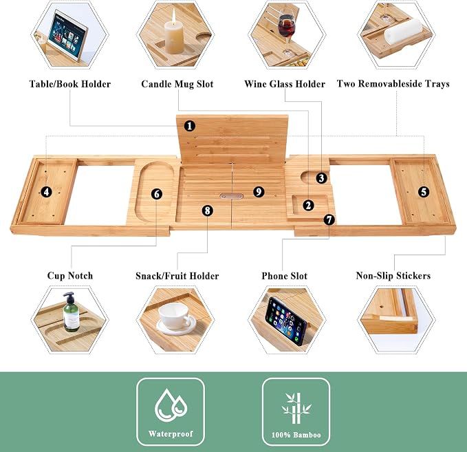 Bathtub Tray, Bamboo Bath Tray for Tub, Expandable Bath Tray with Bamboo Book Stand, Soap Tray, Bathtub & Bathroom Accessories Perfect for Home Spa, Natural Colour