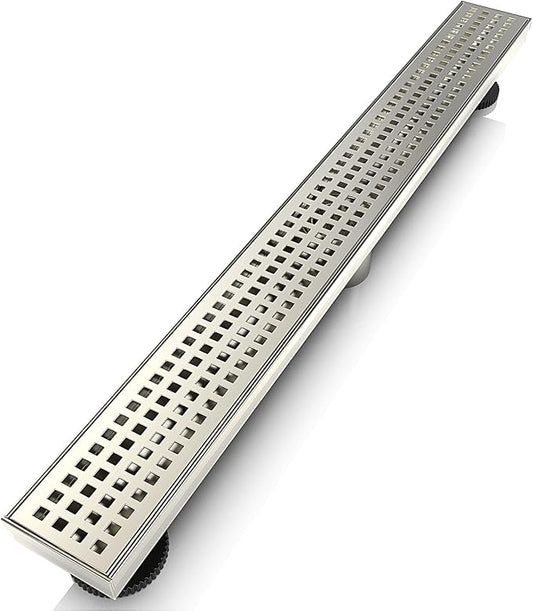WEBANG 36 Inch Linear Shower Drain Rectangular Floor Drain with Accessories Square Hole Pattern Cover Grate Removable SUS304 Stainless Steel CUPC Certified Brushed Nickel