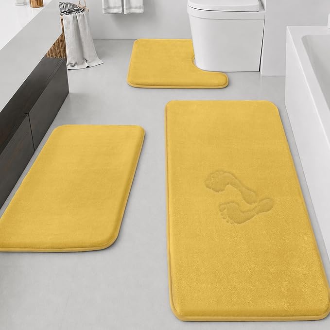 Bathroom Rugs Sets 3 Piece, Non-Slip & Quick Dry Bath Mat Set, Ultra Soft Velvet Bath Rugs for Bathroom, Toilet and Shower Floor, Yellow