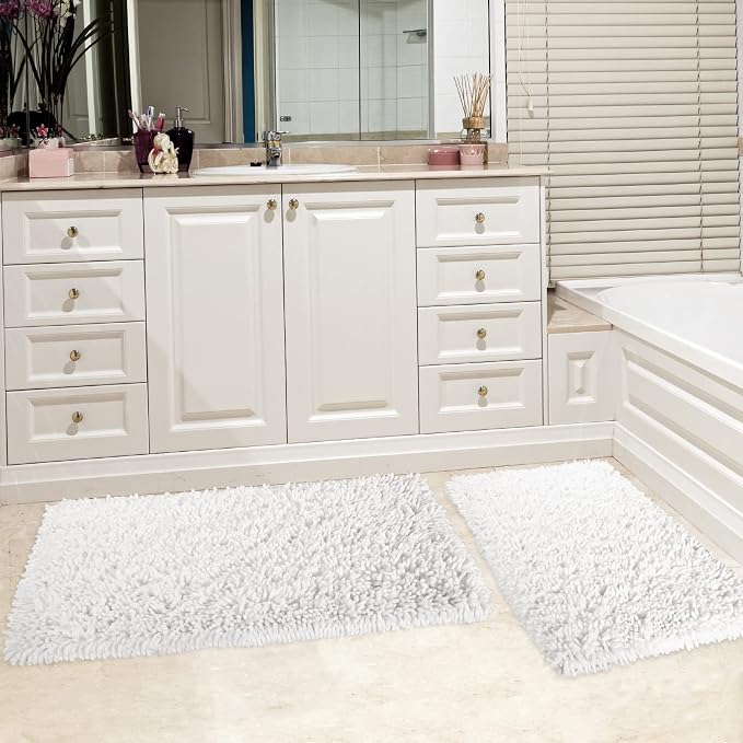 Yimobra Bathroom Rug Set 2 Piece, Luxury Shaggy Bath Mat Set with Non Slip Backing, Ultra Soft & Absorbent Mats for Bathroom Floor, Machine Washable, 31.5"x20"+24"x17", White