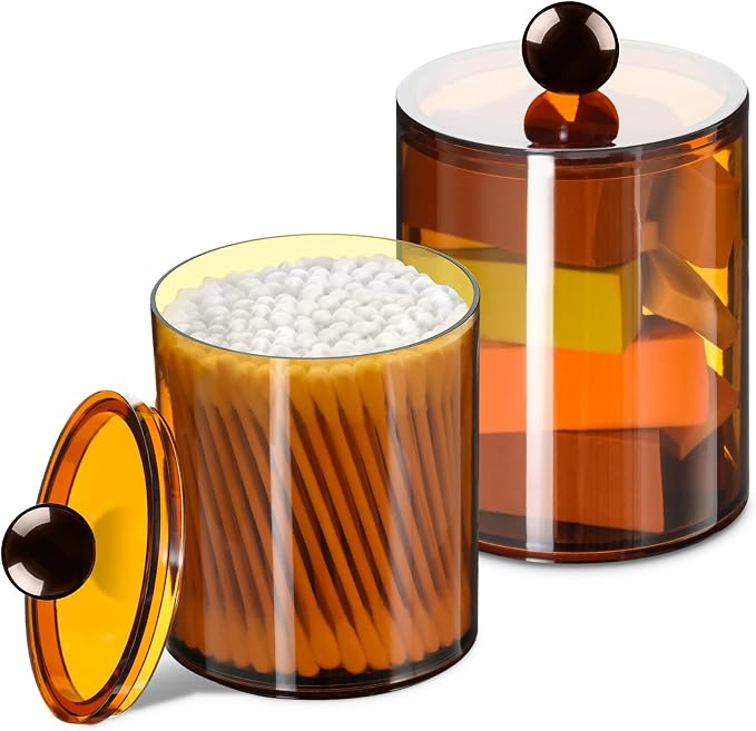 2 Pcs Acrylic Qtip Holder, Cotton Ball Holder Jars with Lids, Brown | Apothecary Jars for Cotton Swabs, Balls, Pads and Floss Picks, Bathroom Vanity Organizer