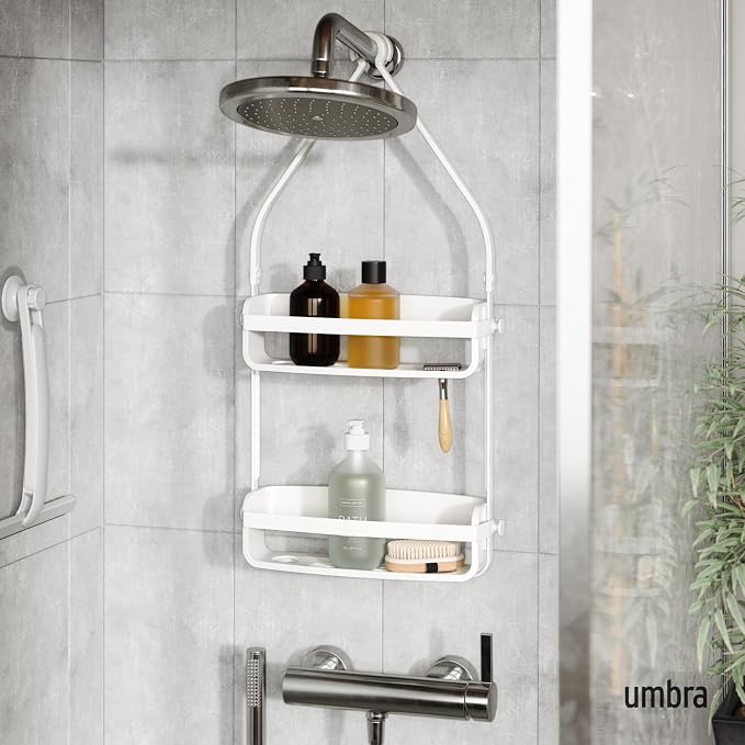 Umbra Flex Shower Caddy, Hanging 2 Shelves Bathroom Organizer, White | Flexible silicone bands, drainage system, mold resistant, bottle collars, overhead mount