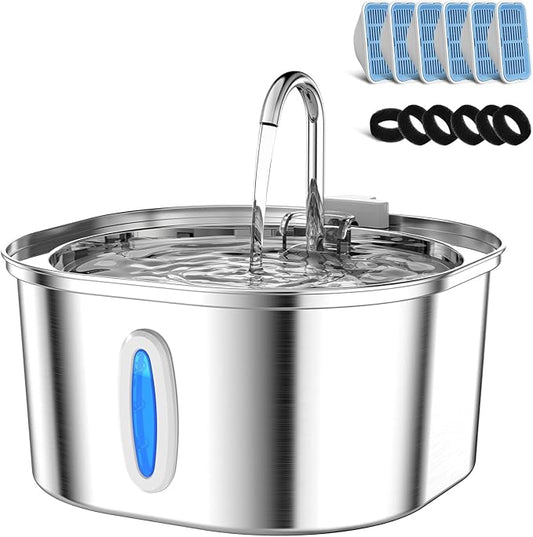 PEKTACO Stainless Steel Cat Water Fountain with 6 Filters, 3.2L/108oz | Cat drinking fountain, dishwasher safe, with triple filtration, quiet pump, and visible water window for cats and small pets