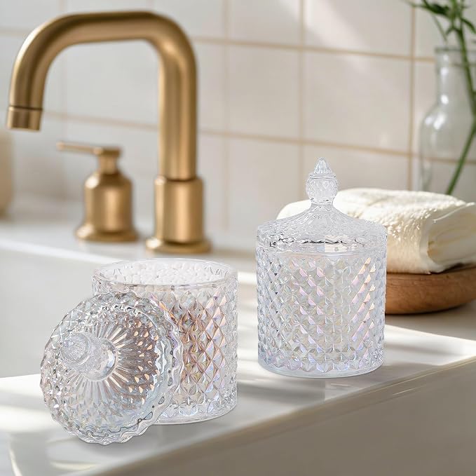 2 Pack Qtip Holder Thick Glass Apothecary Jars with Lid for Bathroom Decor Storage Organizer for Cotton Swabs, Balls, Pads, Floss Picks, Candy, Jewelry, Iridescent Clear