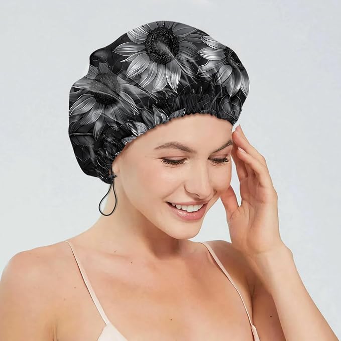 2 PCS Shower Cap Reusable Waterproof Double Layers Hair Caps Shower Bath Adjustable Elastic Hat for Women Girls Cute Aesthetic-Sunflower