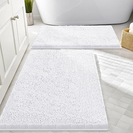 Smiry Chenille Bathroom Rugs Sets 2 Piece (30x20+24x16, White) | Soft Absorbent Machine Washable Non Slip Shaggy Bath Rug Set for Tub, Shower, and Floor, Home Decor