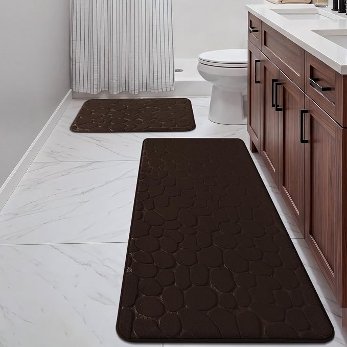 YIHOUSE Bathroom Rugs Mat Set, Memory Foam Bath Mat 2 Piece Brown | 17x24&20x46, Non Slip, Water Absorbent, Washable, Bath Mat For Bathroom, Sink and Toilet