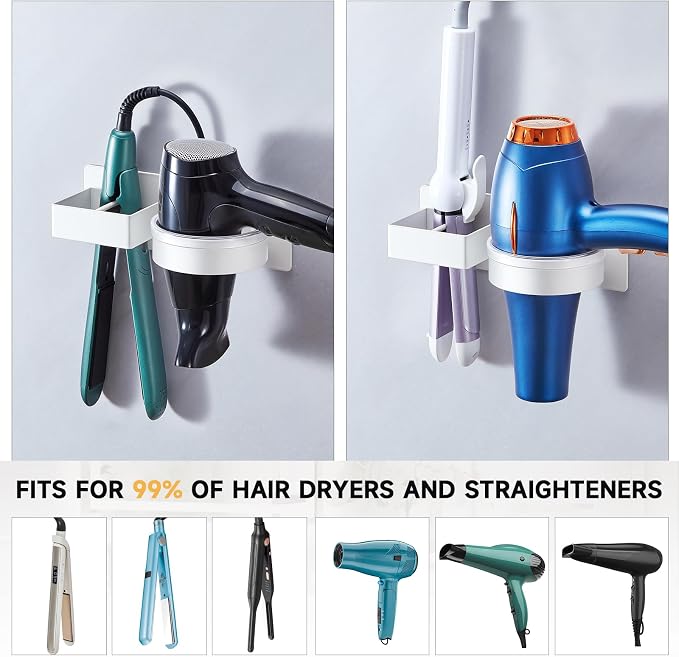 Hair Dryer Holder Wall Mounted, Hair Straightener Holder, Blow Dryer Holder Adhesive, Hair Tool Organizer for Flat Iron, Hairdryer, Curling Iron Holder for Bathroom Vanity Barber Shop (White)