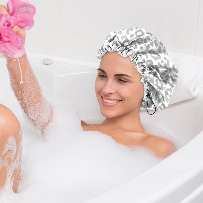 2 PCS Shower Cap Waterproof Double Layer Elastic Adjustable Reusable Hair Bath Caps for Girls Women Cute Aesthetic-Grey