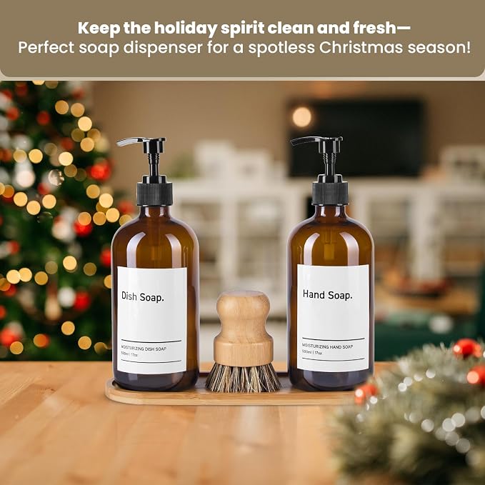 SIDIQI Design Glass Soap Dispenser Set of 2 with Plastic Pumps, Bamboo Tray, Brush & Labels - Ideal for Bathroom & Kitchen Countertop - 500ml/17 Oz