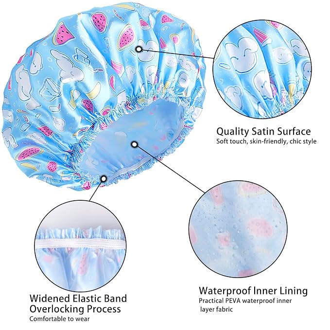 Shower Caps for Women, 4 PCS Reusable Waterproof Bath Cap | Double Layer, Washable, Wide Elastic Band, Holds Long Hair, Caps for Bath Accessories, Spa, Travel Home - Watermelon