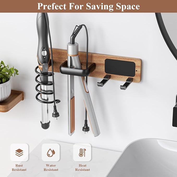 Tindbea Hair Dryer Holder Wall Mount Aluminum Alloy Hot Tools Organizer | Sapele Wood, Matte Black