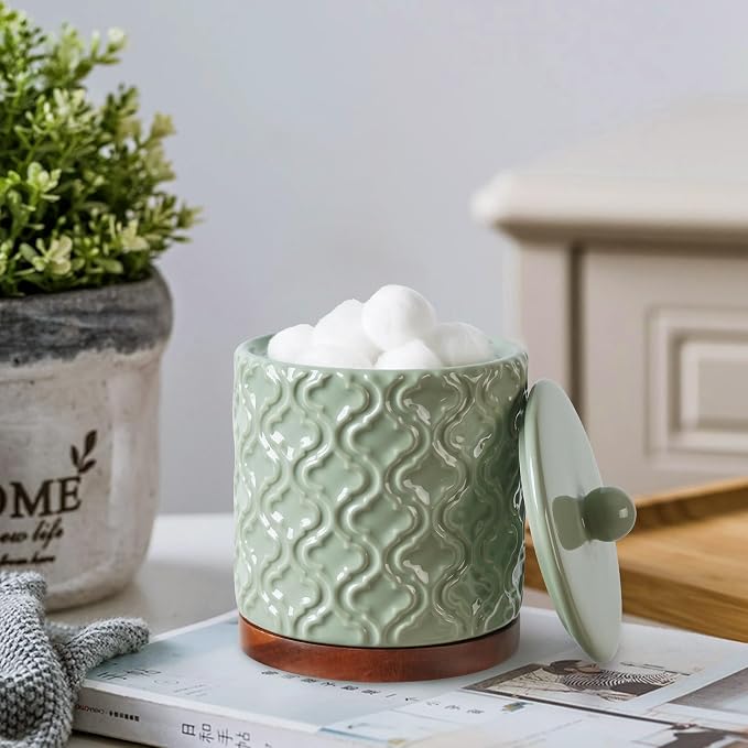 RQYIXI Ceramic 5-Piece Bathroom Accessories Set,Green,with Cotton Swab Jar | ceramic and wood embossed design modern countertop organization