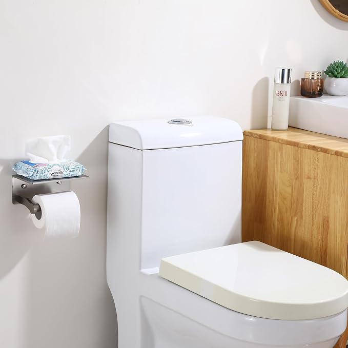 Toilet Paper Holder with Shelf - Toilet Tissue Holder with Cell Phone Shelf for Bathroom - Toilet Paper Roll Holder with Wipes Storage, Wall Mounted by Adhesive Tape or Screw - Brushed Nickel