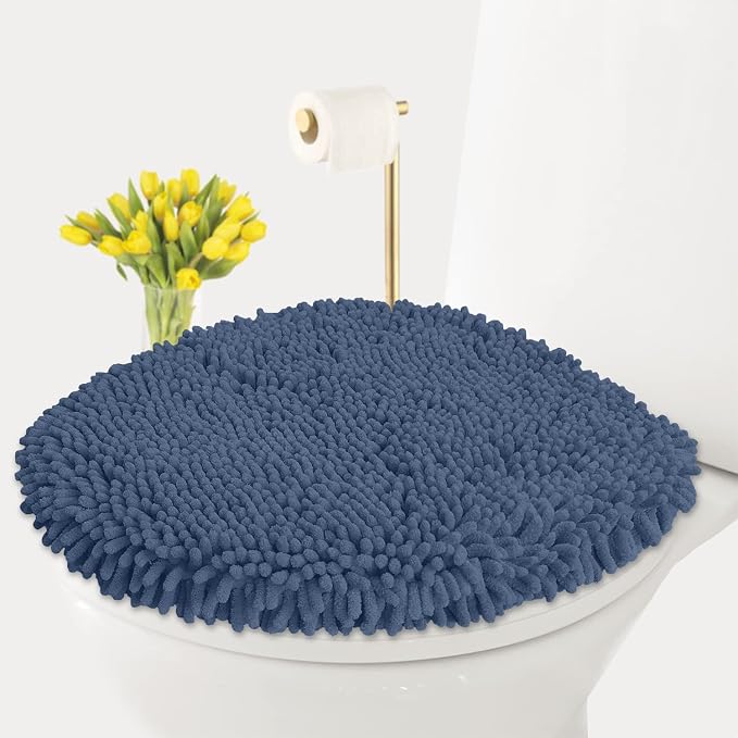 LuxUrux Toilet Lid Cover with Stretch Fit Elastic Band – Chenille Microfiber Toilet Seat Non-Slip Cover for Bathroom – Soft Plush, Machine Wash And Dry, Comfort & Clean Look (18 x 18'', Medium Blue)