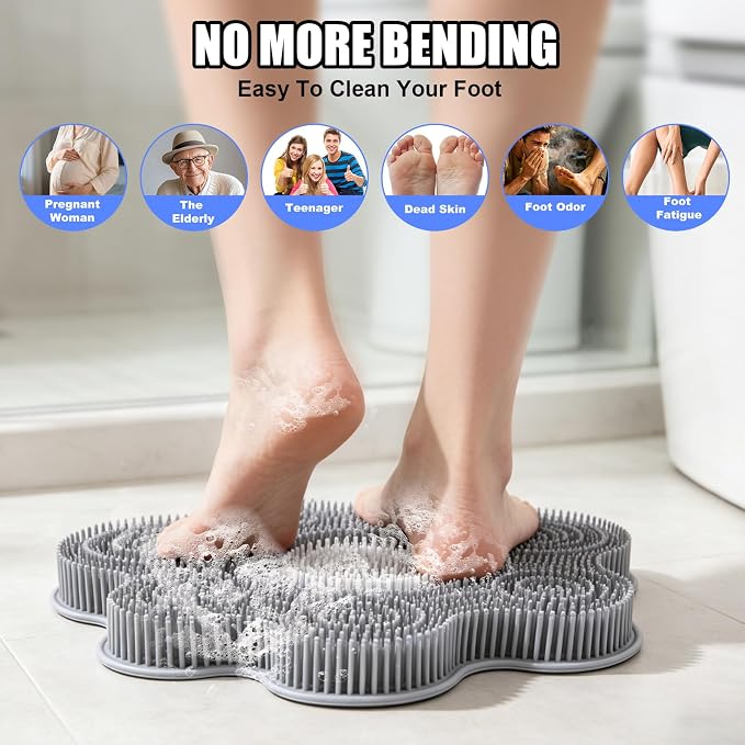 Kalolary Silicone Shower Foot Scrubber Mat，Back Exfoliating Cleaner Foot Scrubber in Shower with Non-Slip Suction Cups Cleaner Brush to Exfoliate and Massage Feet Without Bending Over (Flower)