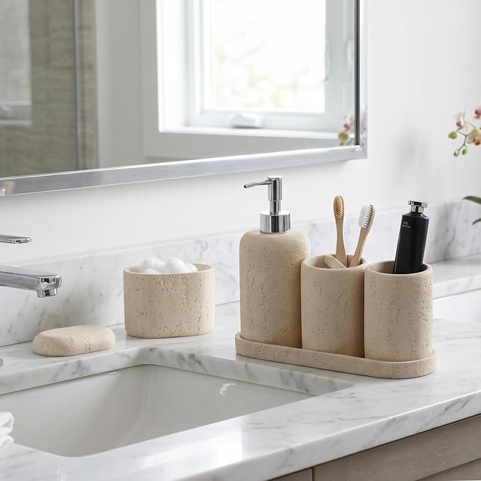 Bathroom Accessories Set, 5PCS, Travertine Stone Look, Yellow | Modern Bathroom Accessory Set with 13.53OZ Soap Dispenser, Mouthwash Cup, Toothbrush Holder, Qtip Holder, Vanity Tray